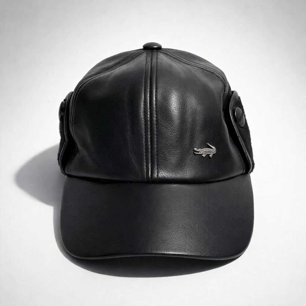 Men’s Croc Logo French Style Cap Hat Black FauxLeather Retro 60s-90s Look Grunge